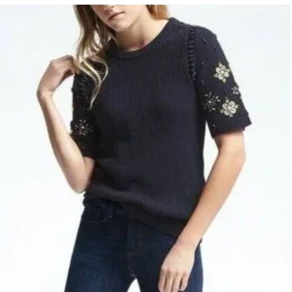 Banana Republic Navy Sweater with Floral Accents